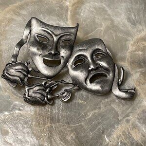 Vintage JJ Theater Masks Silver Pewter Brooch